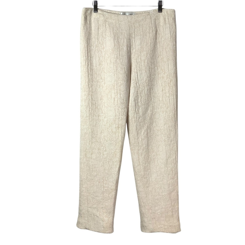 Victor Costa Cream Floral Metallic Brocade Pants 12 Side Zip High Rise Straight